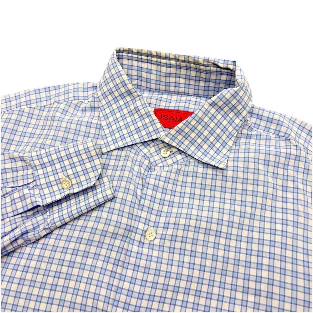 ISAIA Napoli Cotton Gingham Long Sleeve Button Down Dress Shirt Blue Italy 16-41
